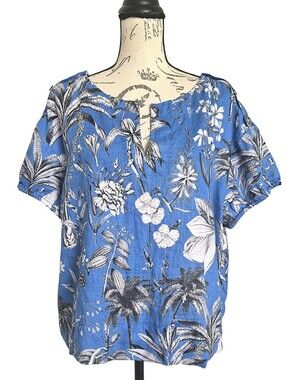 J. Crew Ratti 100% Linen Blue Floral Tropical Toile Blouse Top XL Resort